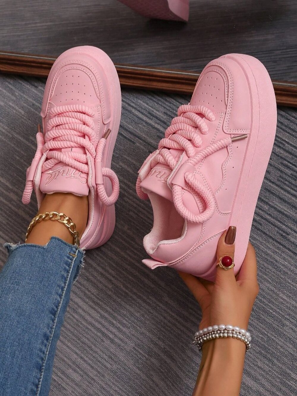 Pink Casual Women's Comfortable Lace-Up Sneakers - Picture 2 of 5